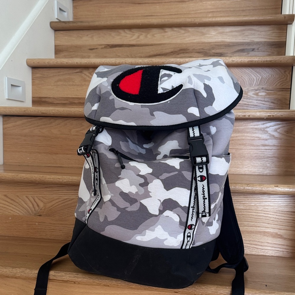 Champion Gray Camo Backpack with Red Logo Accent